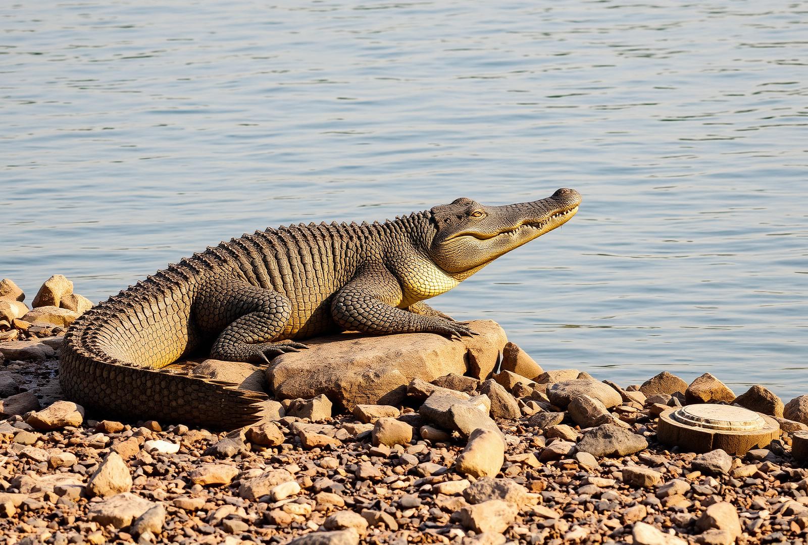 Mugger crocodile basking at Jawai reservoir
