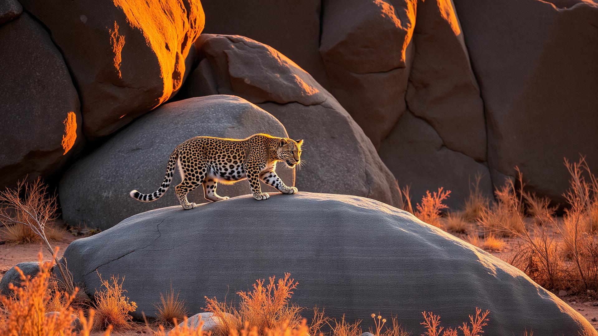 Leopard on granite rocks in Jawai