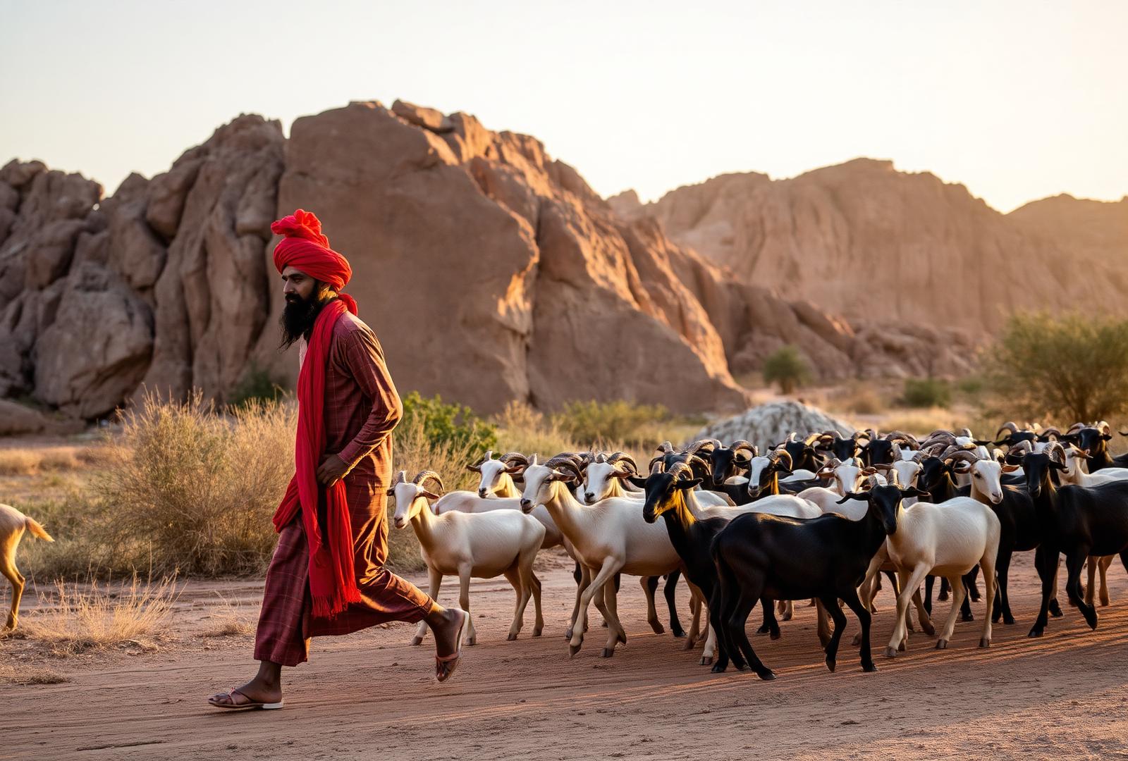 Rabari herdsman with his flock in Jawai